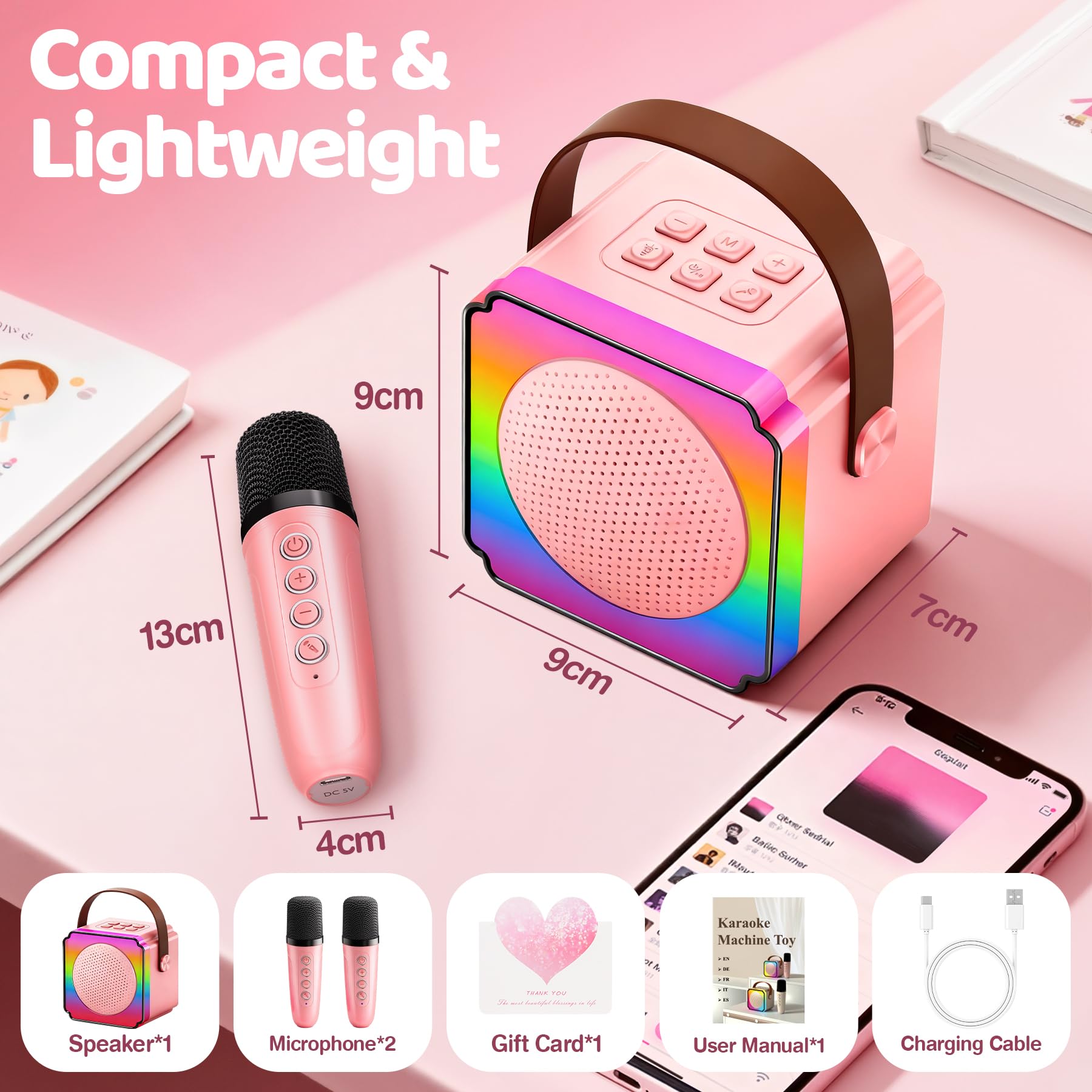 Micro Karaoke Enfant avec 2 Micro sans Fil, Cadeau Anniversaire Fille et Garçon 3-12 Ans, Micro Karaokeavec LED, Effets Vocaux et Carte Cadeau, Jouet Enfant pour Chanter-Rose