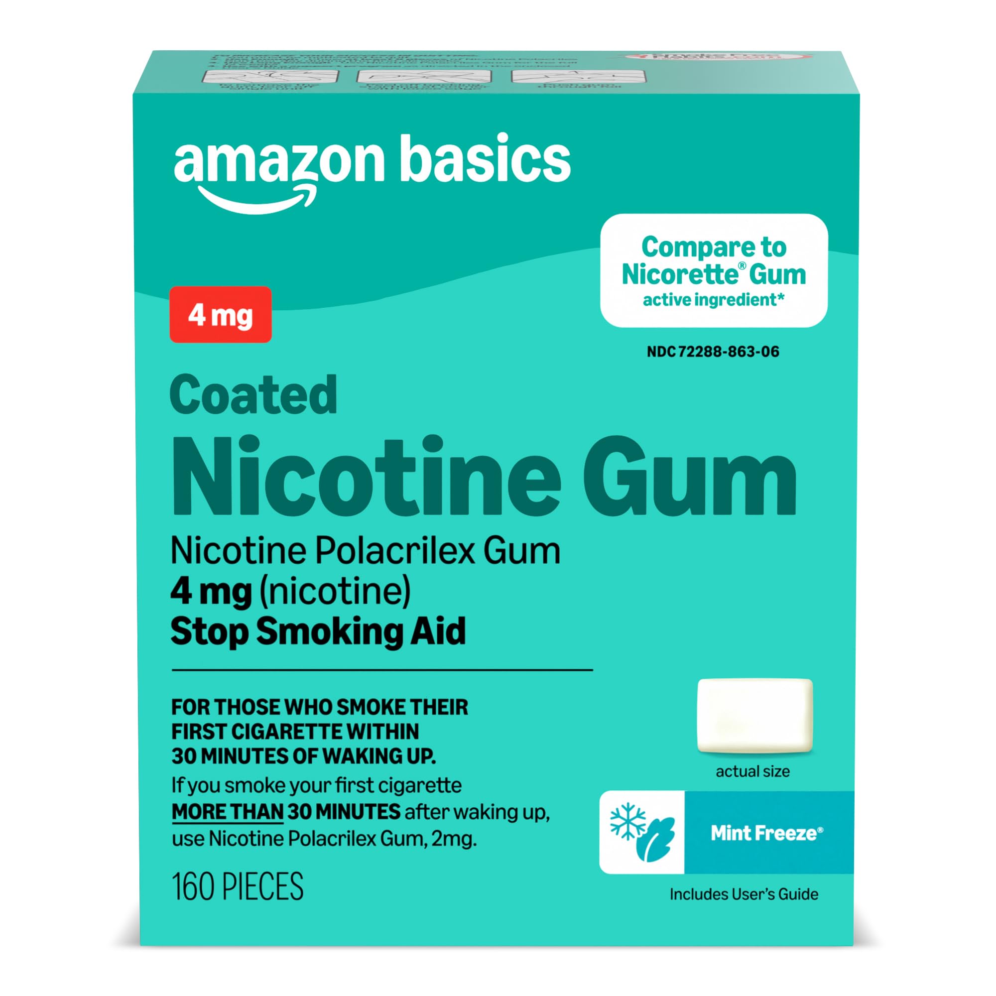 Amazon Basics Coated Nicotine Polacrilex Gum 4 mg, Ice Mint Flavor, Stop Smoking Aid, 160 Count (Previously Amazon Basic Care)
