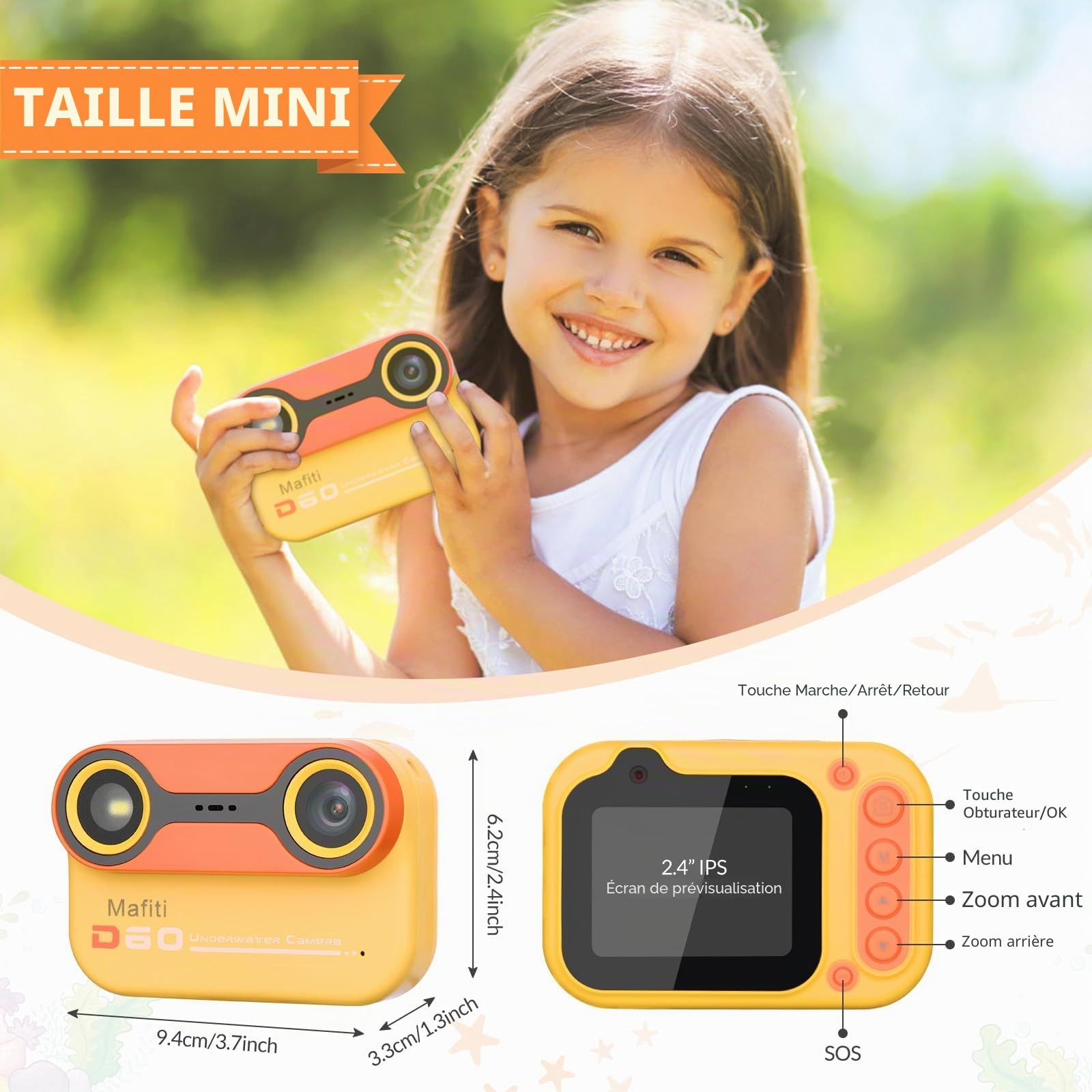 Mafiti Appareil photo numérique étanche pour enfants pour la plongée avec tuba et la plongée avec écran IPS de 6,1 cm, rechargeable par USB, appareil photo numérique pour vidéos et photos avec carte