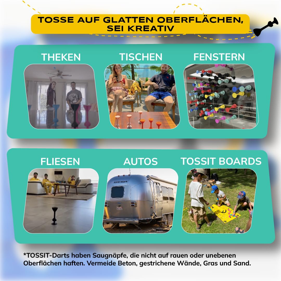TOSSIT Spiel Saugnapf Darts, Indoor Outdoor Drinnen Draußen, Boccia, Petanque, Wurfspiel, Nachhaltig langlebig Silikon, Boden oder Wand, Twin Pack, Pink Hellblau Lila Grün