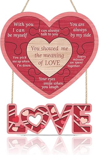 CHDITB Letrero de madera colgante en forma de corazón rojo para el día de San Valentín, letrero vintage para puerta de amor con citas inspiradoras,