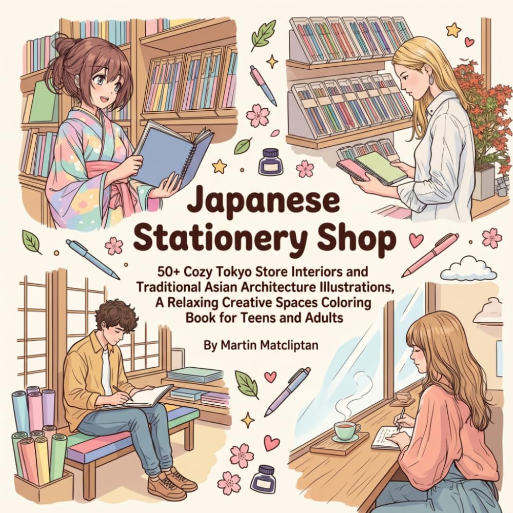 Japanese Stationery Shop: 50+ Cozy Tokyo Store Interiors and Traditional Asian Architecture Illustrations, A Relaxing Creative Spaces Coloring Book for Teens and Adults