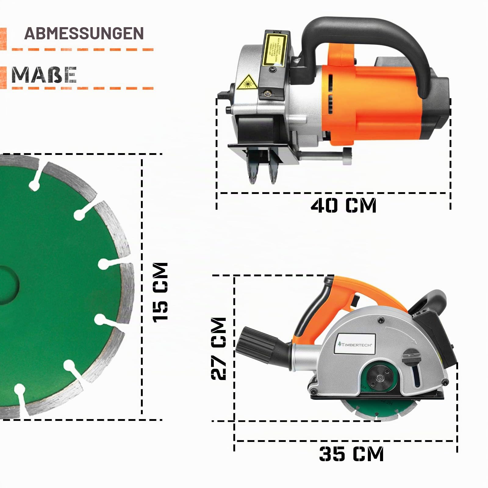 TIMBERTECH® Mauernutfräse mit Laser - 1700W, 4.000 U/min, Nuttiefe bis 40mm, Nutbreite bis 33mm, Diamantscheiben 150mm, Koffer und Absaugung Adapter - Schlitzfräse, Mauerfräse, Wandfräse, Betonfräse