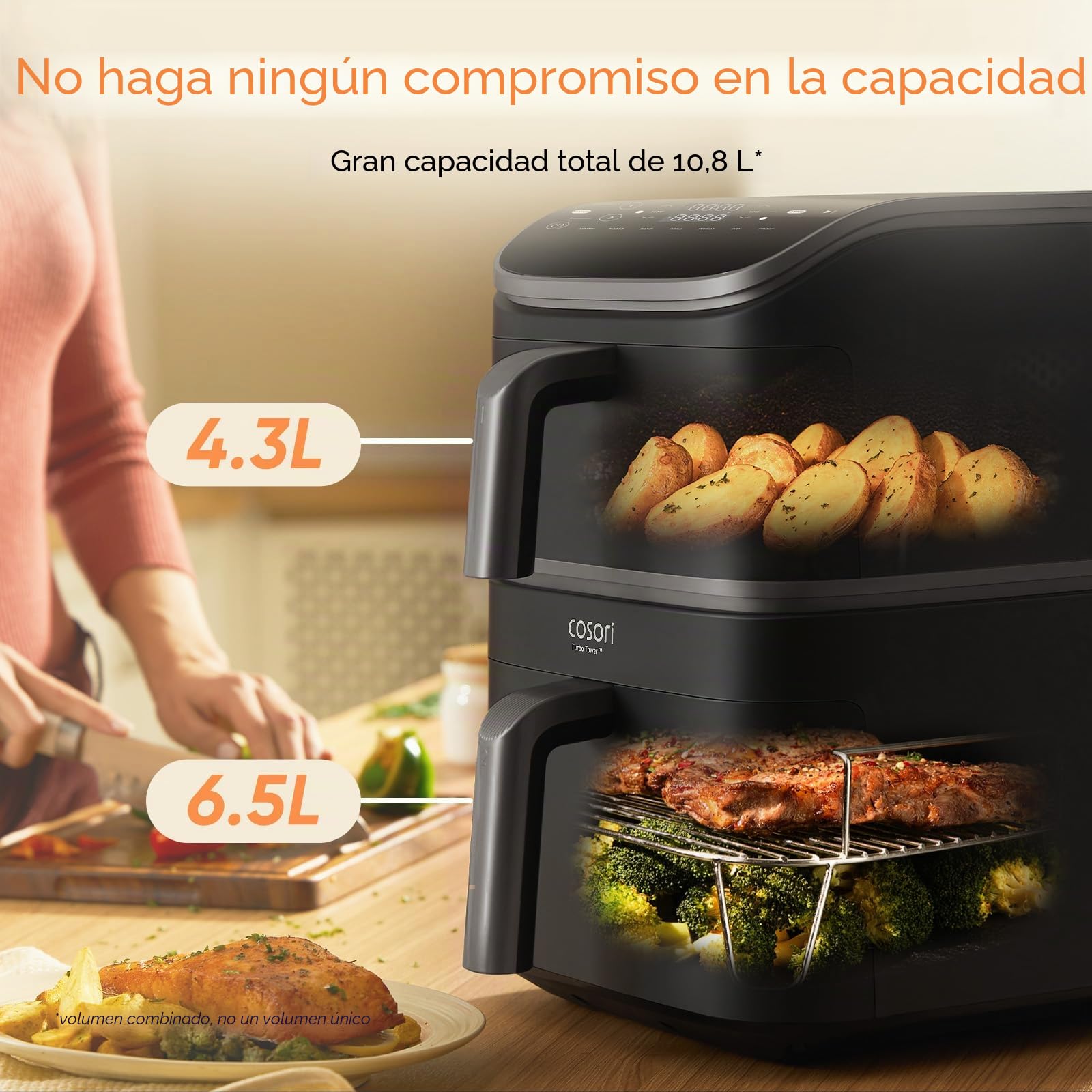 Cosori Air Fryer Turbo Tower 10,8L, Freidora sin aceite con 2 cajones, 3 niveles de cocción, 6 en 1, diseño compacto y apilable, 41 por ciento menos grande que los Airfryer Tradicionales, 300+ recetas