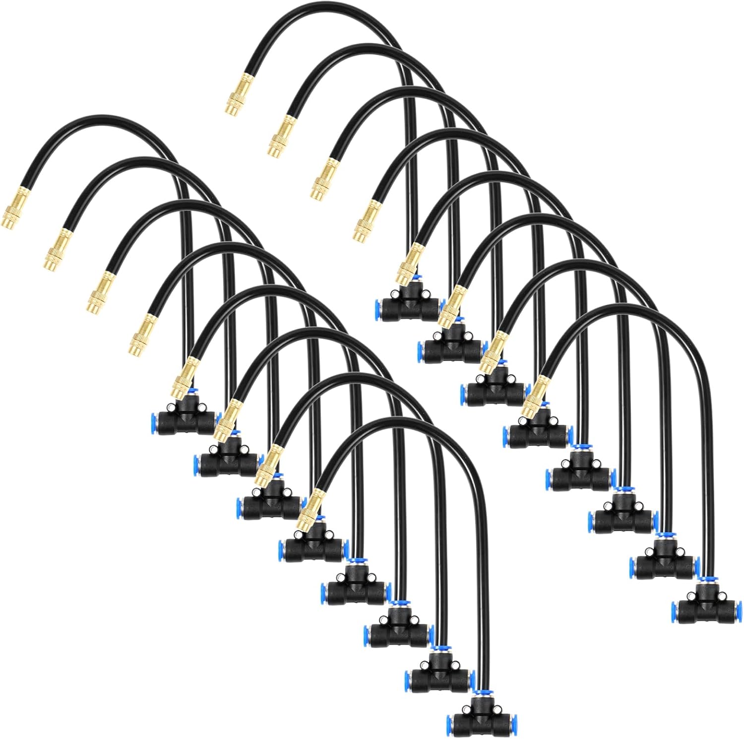 16 Pcs Brass Misting Nozzles Tee with 12 Inch Built in Hose for Patio Outdoor Cooling 360 Rotation Adjustable Water Mister Nozzles Thread Sprayer-0.043" orifice, Tee Compatible with 0.31”Misting Hose