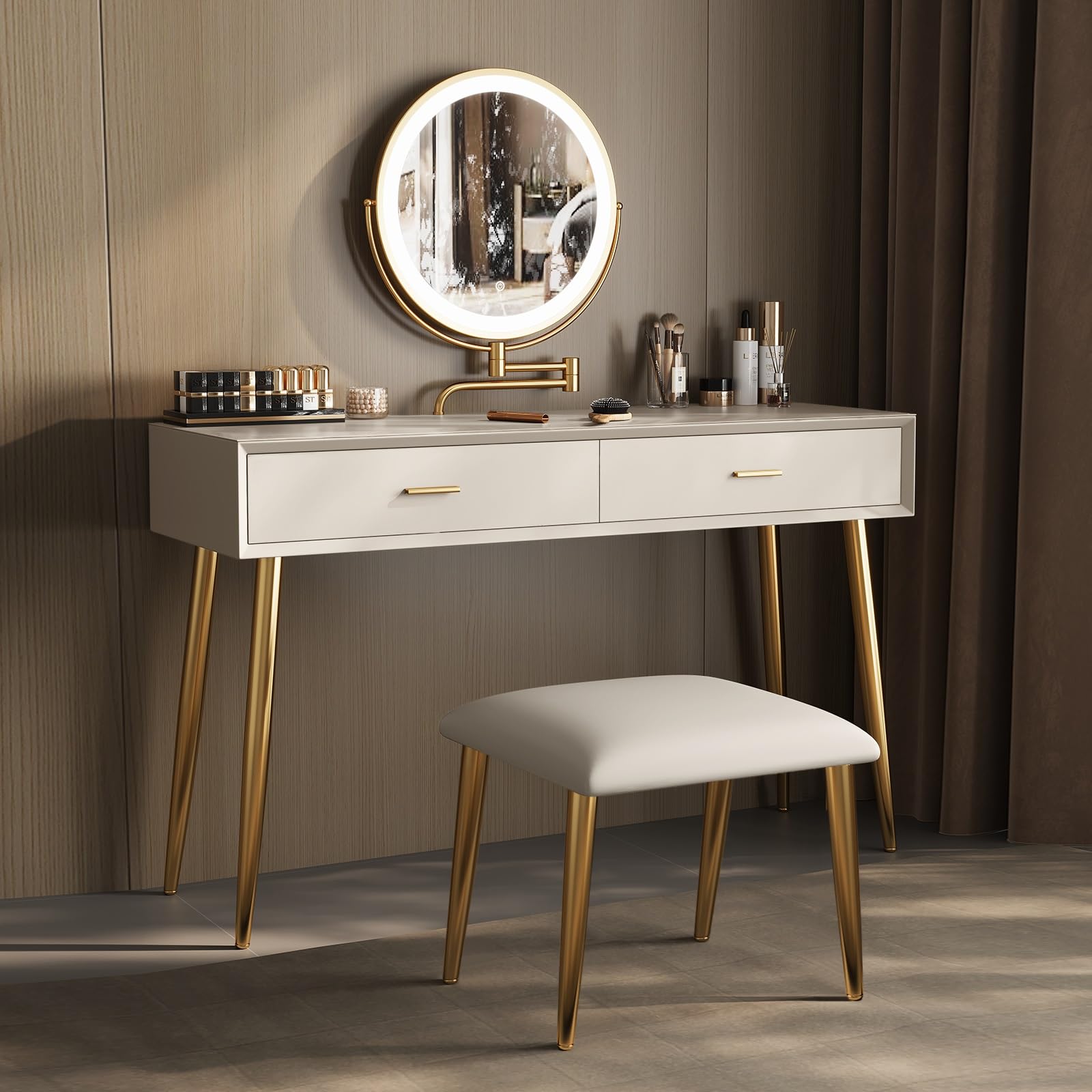 Bei Makeup Vani Set mit Spiegel & Lichtern, 80 cm, kleiner Vani-Tisch, 2 Design-Tischhocker, 3 Beleuchtungen, M-t für Schlafzimmer-Dekor