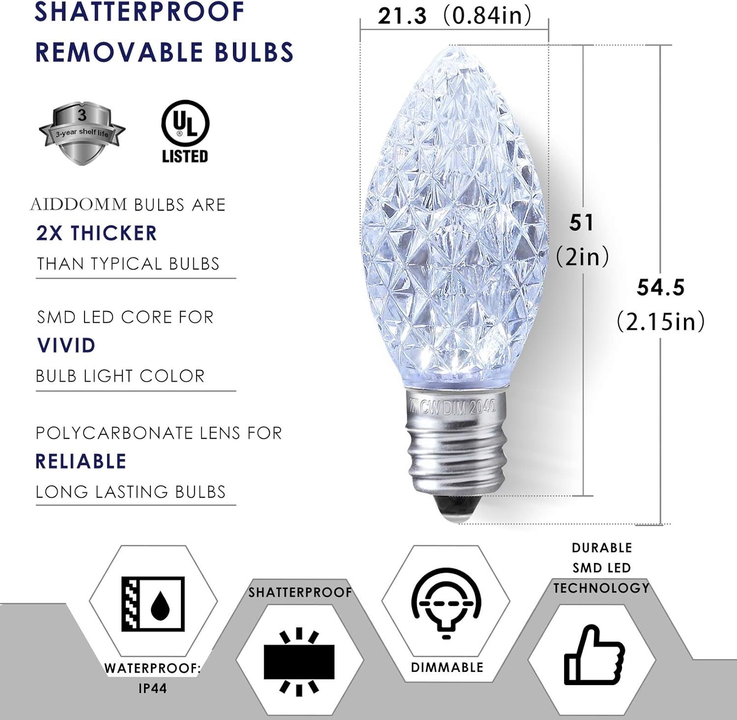 25 Pack C7 Cool White LED Replacement Christmas Light Faceted Bulbs, 0.72W, 2 SMD LEDs in Each Light Bulb, E12 Base, Commercial Grade Replacement Bulbs Dimmable Waterproof - Image 2