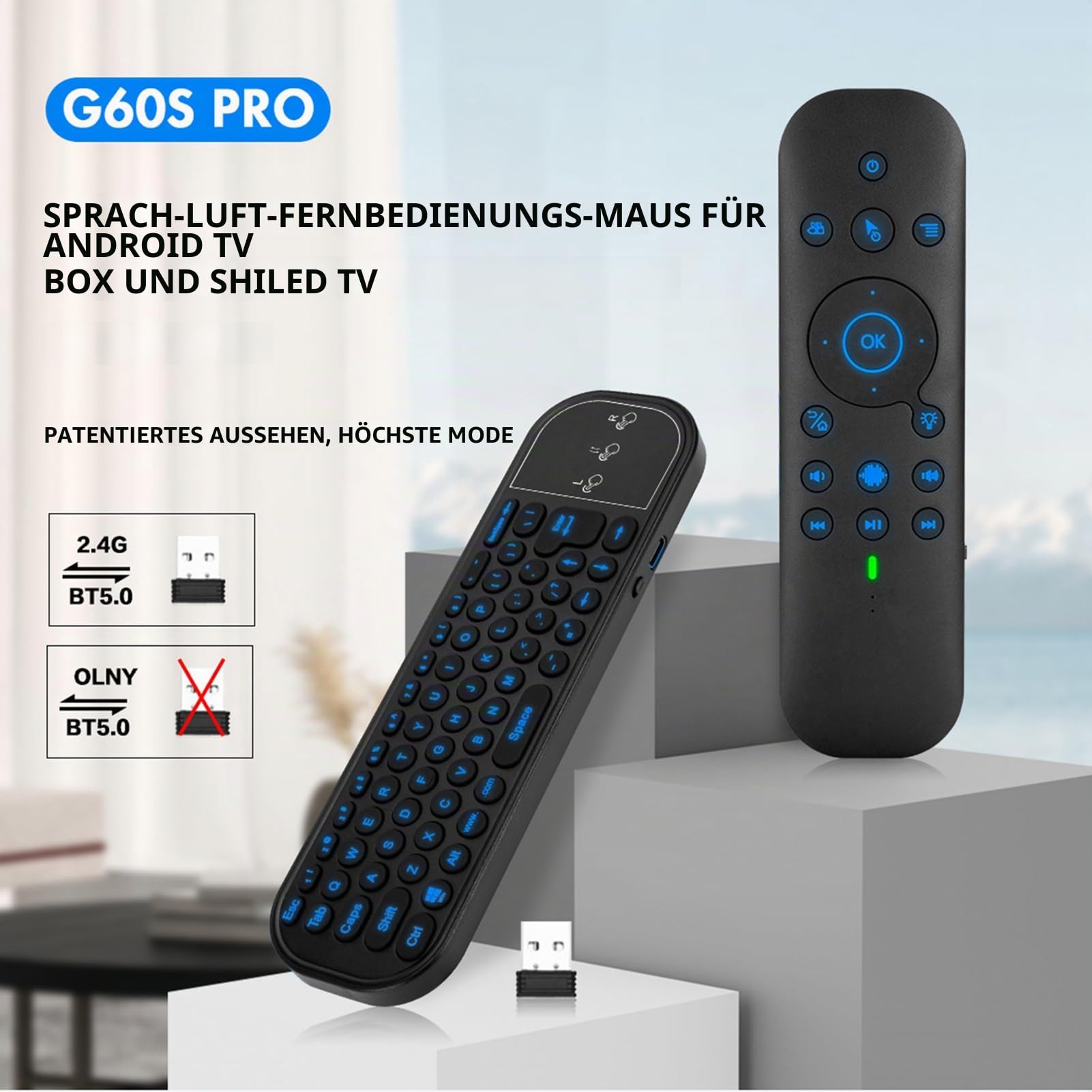 G60S PRO Air Mouse Handfernbedienung mit Tastatur, Dual-Modus 2,4 G BT Sprachsteuerung für, TV Box, All-in-One-PC, Laptop, Projektor, 6-Achsen-Gyroskop