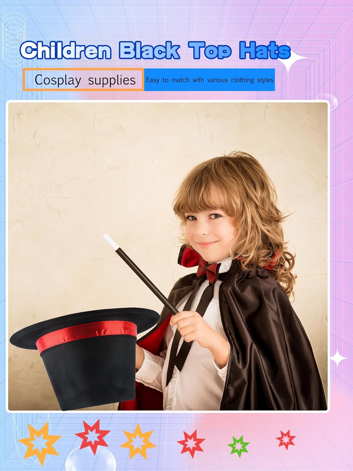 12 Pack Kids Plastic Top Hats Black Top Hat with Red Band Glitter Magician Party Hat High Top Hat for Halloween - Image 3