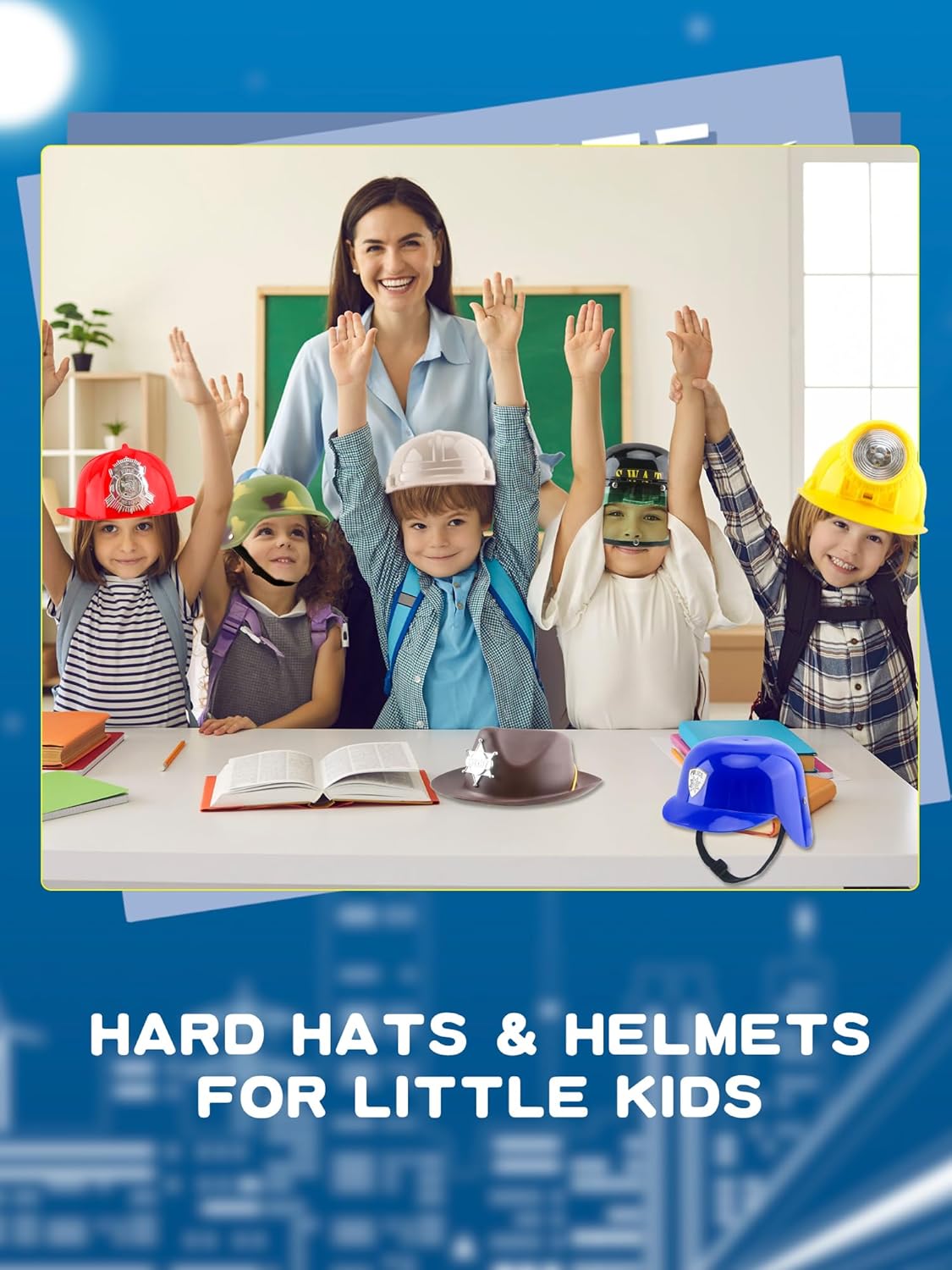 7 Pack Kids Dress Up Costume Hats Role Play Fireman Police Construction Cowboy Military Outdoor Adventure SWAT Hats for Kids Halloween Role Play Stage Performance