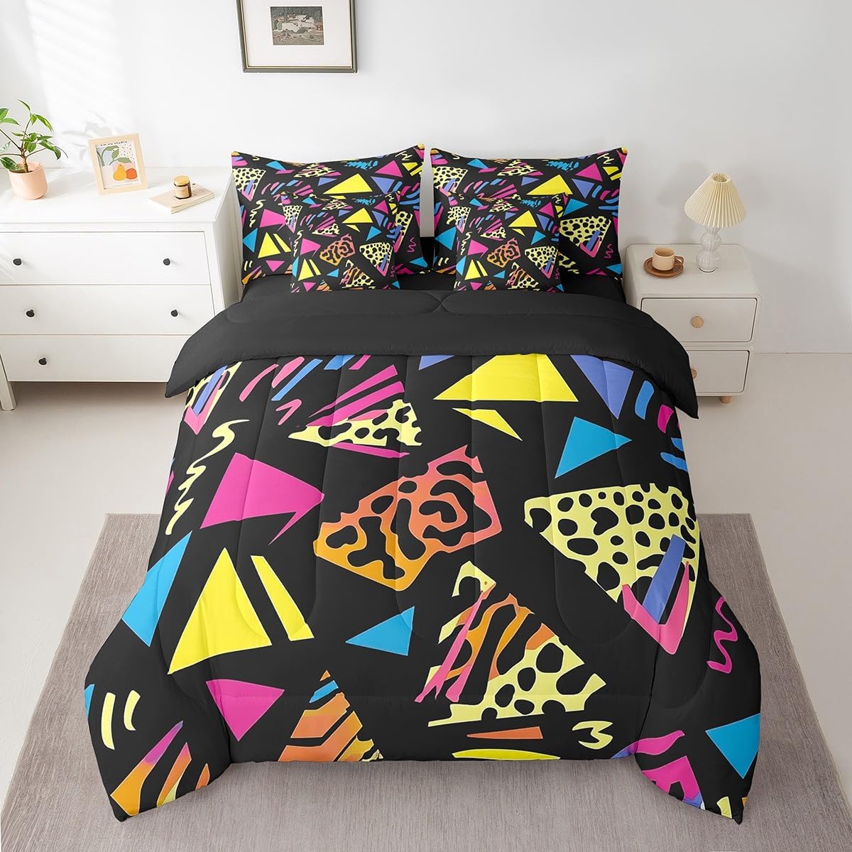 Memphis Pattern Queen Comforter Set with Sheets,Abstract Retro Triangle 7 Piece Bedding Set Funky 80S 90S Backdrop Geometric Bed in a Bag,Vintage 1980 Party Decor Bed Sets