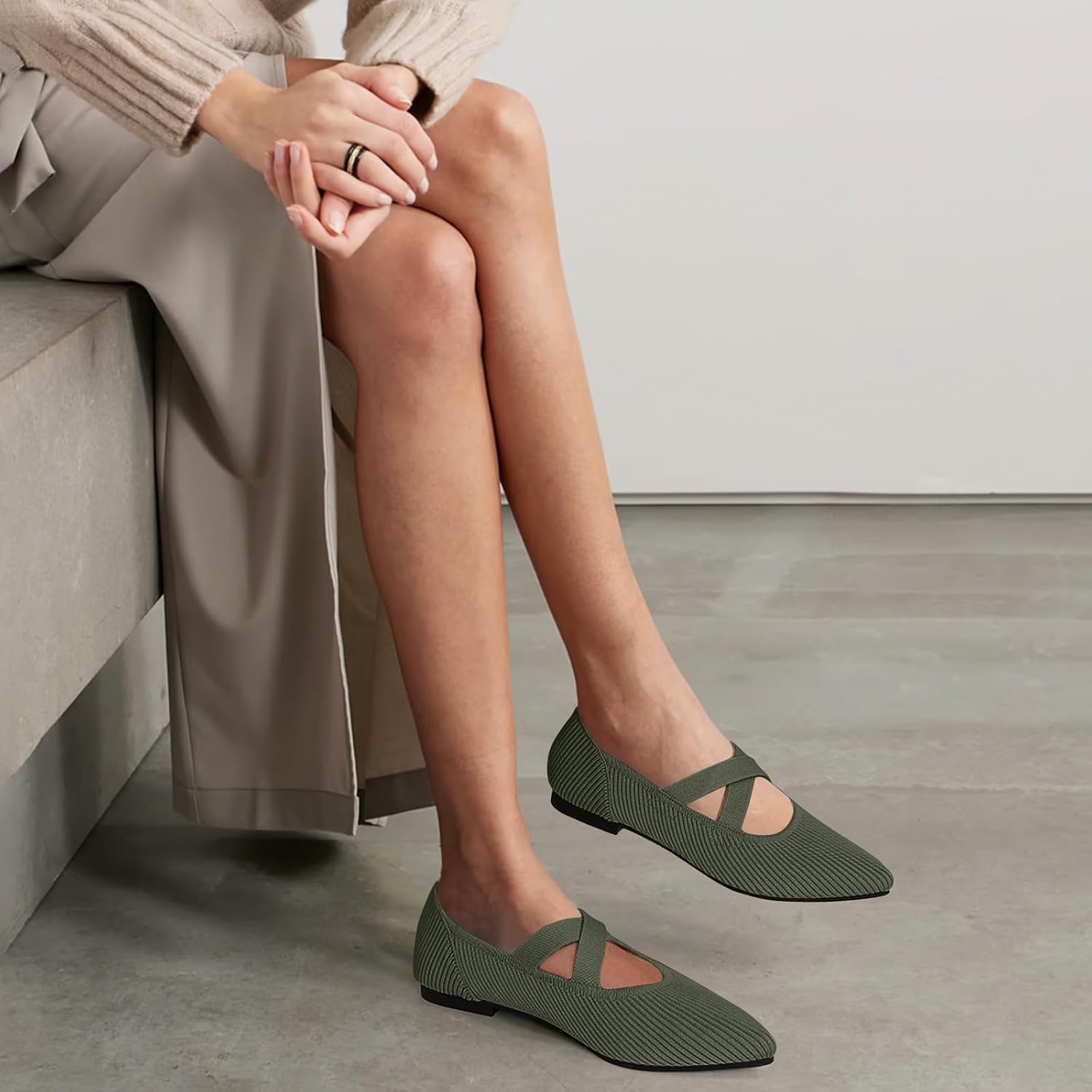 Women's Flats Shoes Pointed Toe Knit Washable Comfortable Dressy Mary Jane Ballet Flat with Strap - Image 2