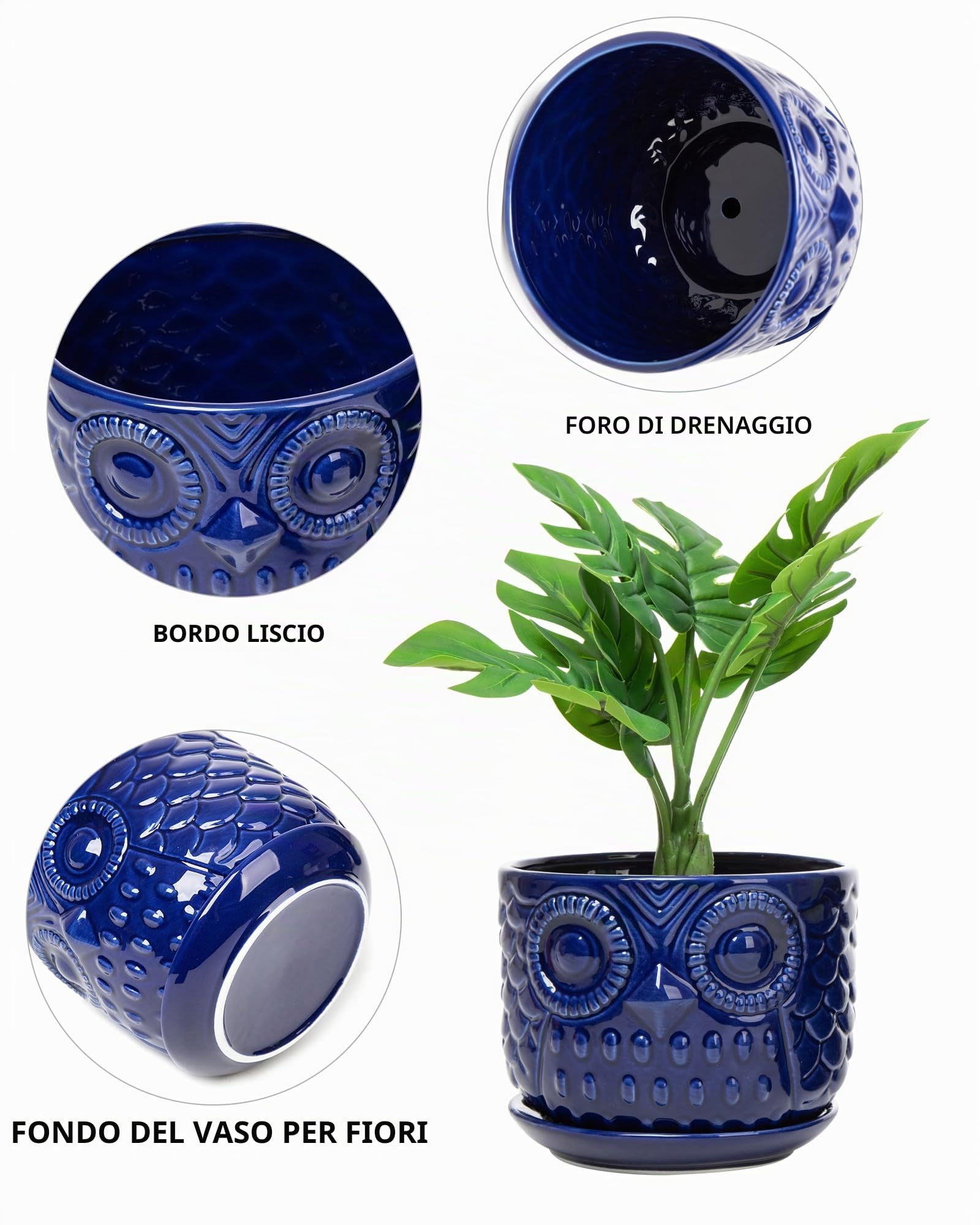Vasi da fiori in ceramica, fioriere in ceramica con foro di drenaggio e sottovaso, moderne fioriere rotonde per piante grasse da interni con design a gufo, di piccole e medie dimensioni, set da