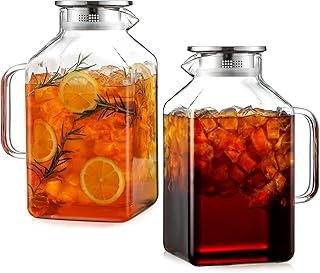2 Pack 1 Gallon Square Glass Pitcher with Lid and Spout, Borosilicate Gl...