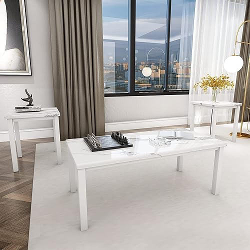 Miniatura 4 de AWQM Juego de mesa auxiliar de mármol sintético, mesa auxiliar rectangular y 2 mesas auxiliares para sofá, juego de mesa de sala de estar de 3