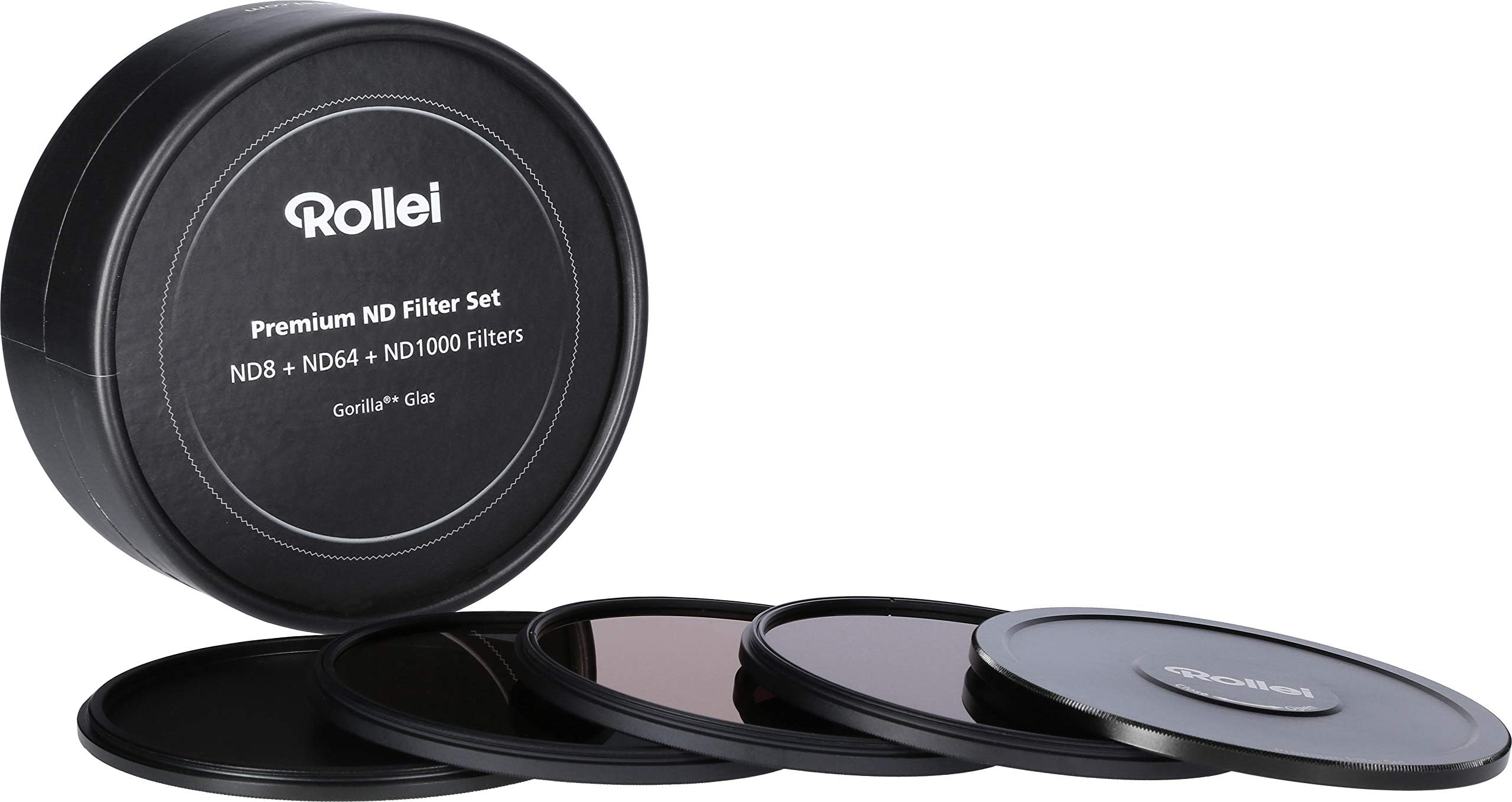 Rollei Premium lens grey filter set consisting of: 1x ND 8, ND 64 and ND 1000 filter made of gorilla glass with aluminium ring for long exposure with aluminium protective cover. (49 mm)