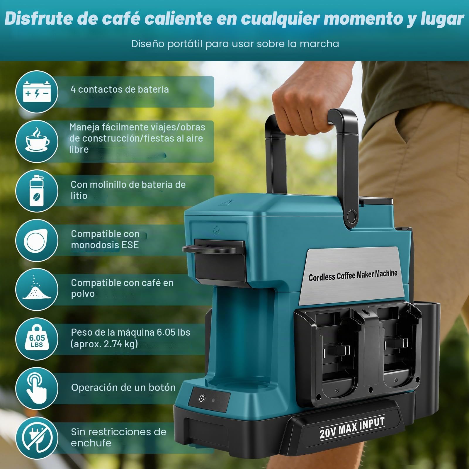 Cafetera inalámbrica para batería Makita de 18 V (sin batería), cafetera portátil de goteo con molinillo de café eléctrico y taza de café, para caravana, camping, viajes
