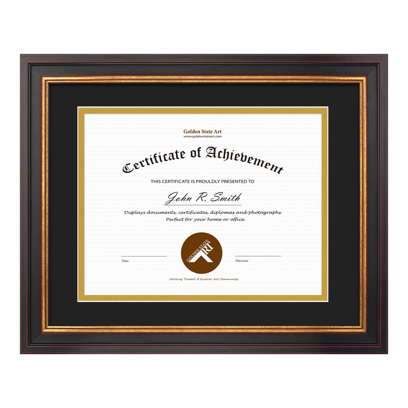 Golden State Art, 11x14 Frame for Diploma/Certificate, Sawtooth Hangers for Wall Mounting with Real Glass, Black Gold & Burgundy Molding, (Black Over Gold Double Mat for 8.5x11 Diploma)