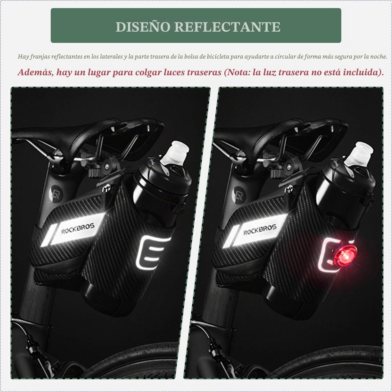 ROCKBROS Bolsa para sillín de bicicleta con bolsillo para botella de agua, bolsa de almacenamiento impermeable, bolsa de asiento de bicicleta, bolsa de ciclismo de liberación rápida con visibilidad