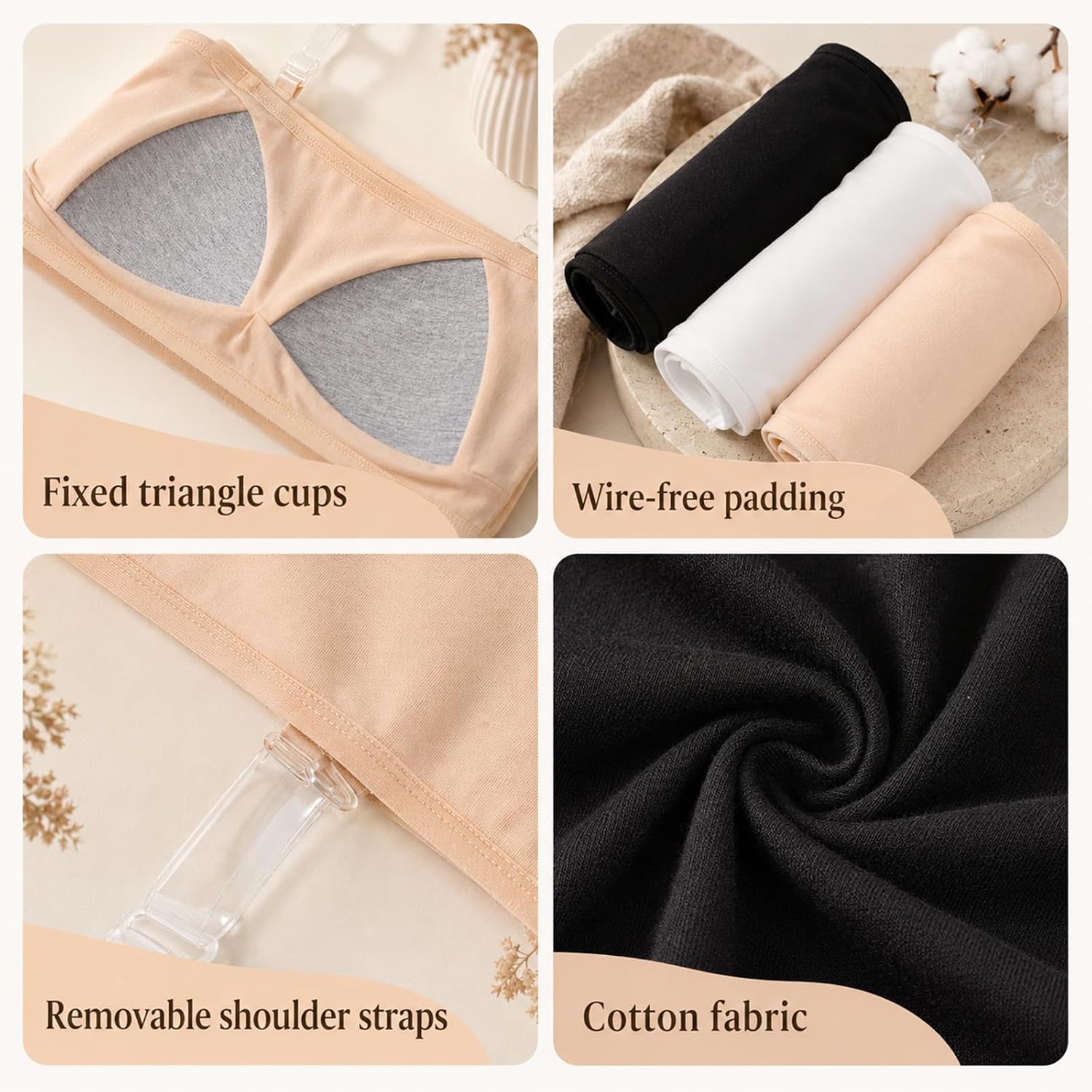 3Pcs Girls Strapless Bra for 10-15 Years Old Cotton Teen Girls Underwear