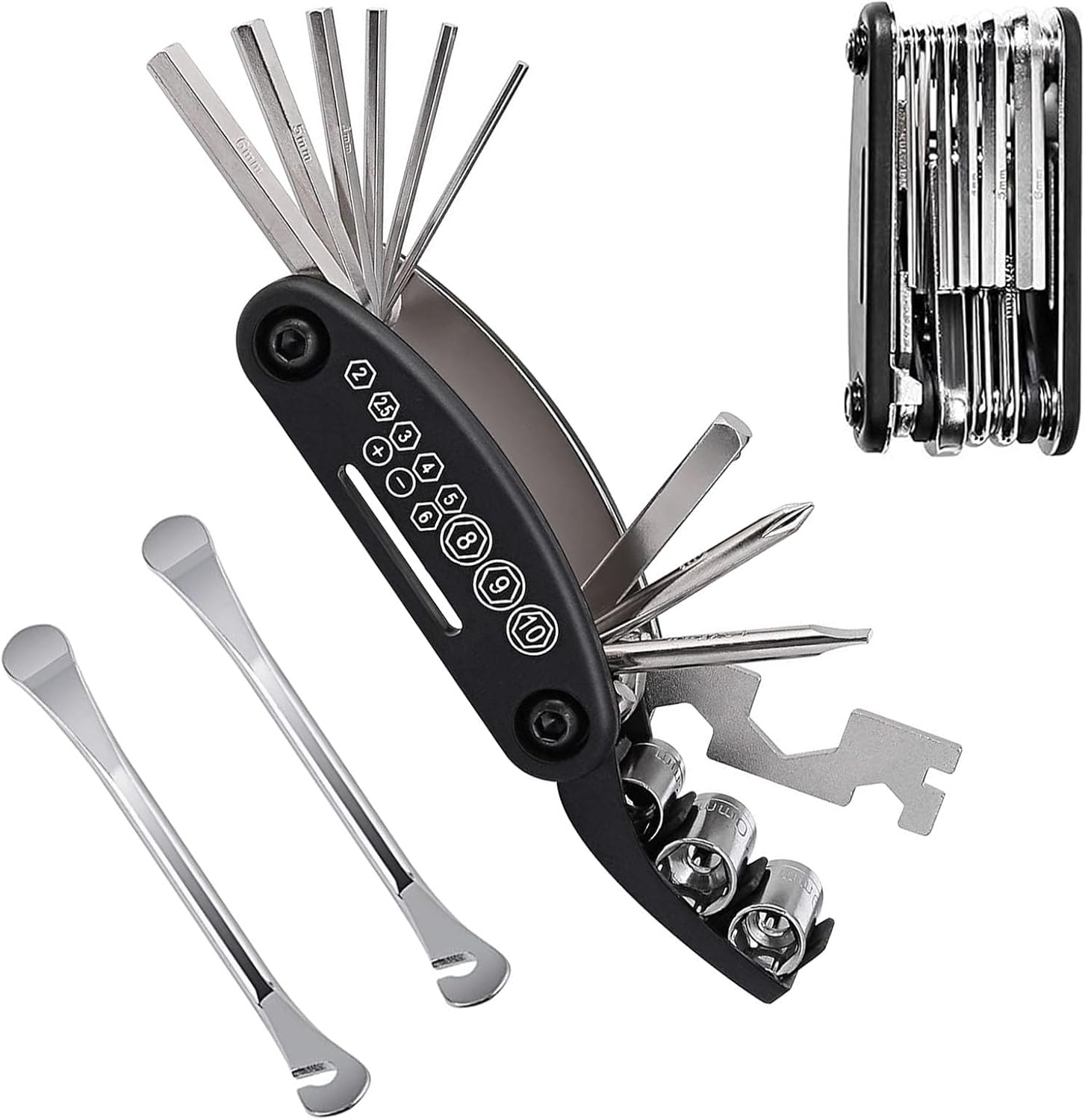 Black Bicycle Restore Device Package, 16 in 1 Bike Multitool with 2Pcs Bicycle Tire Iron Spoons, Transportable Bicycle Necessities Simple Street Driving Journey Emergency Upkeep Restore and Carry