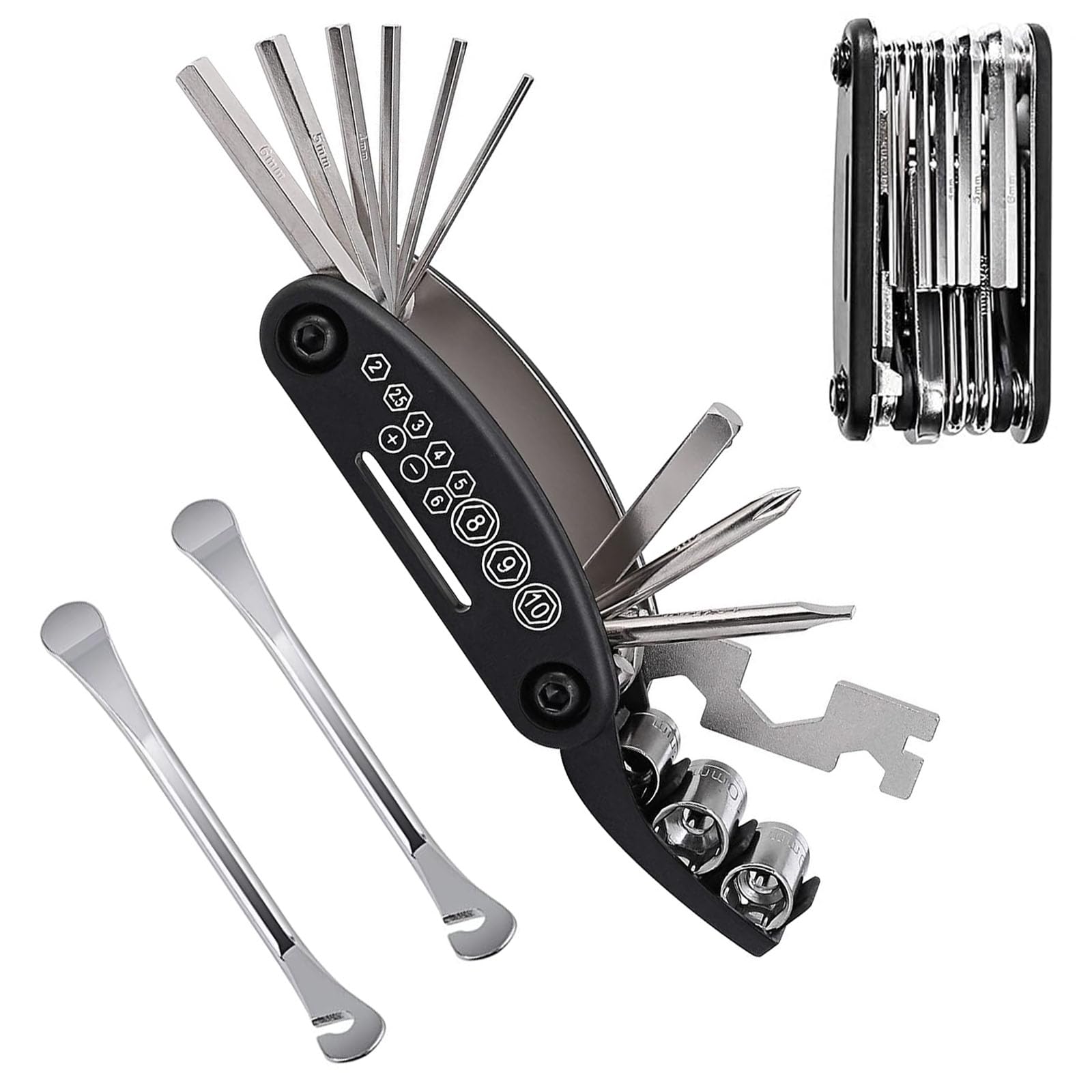 CXAPRDSH Black Bicycle Repair Tool Kit, 16 in 1 Bike Multitool with 2Pcs Bicycle Tire Iron Spoons, Portable Bicycle Essentials Easy Road Riding Travel Emergency Maintenance Repair and Carry