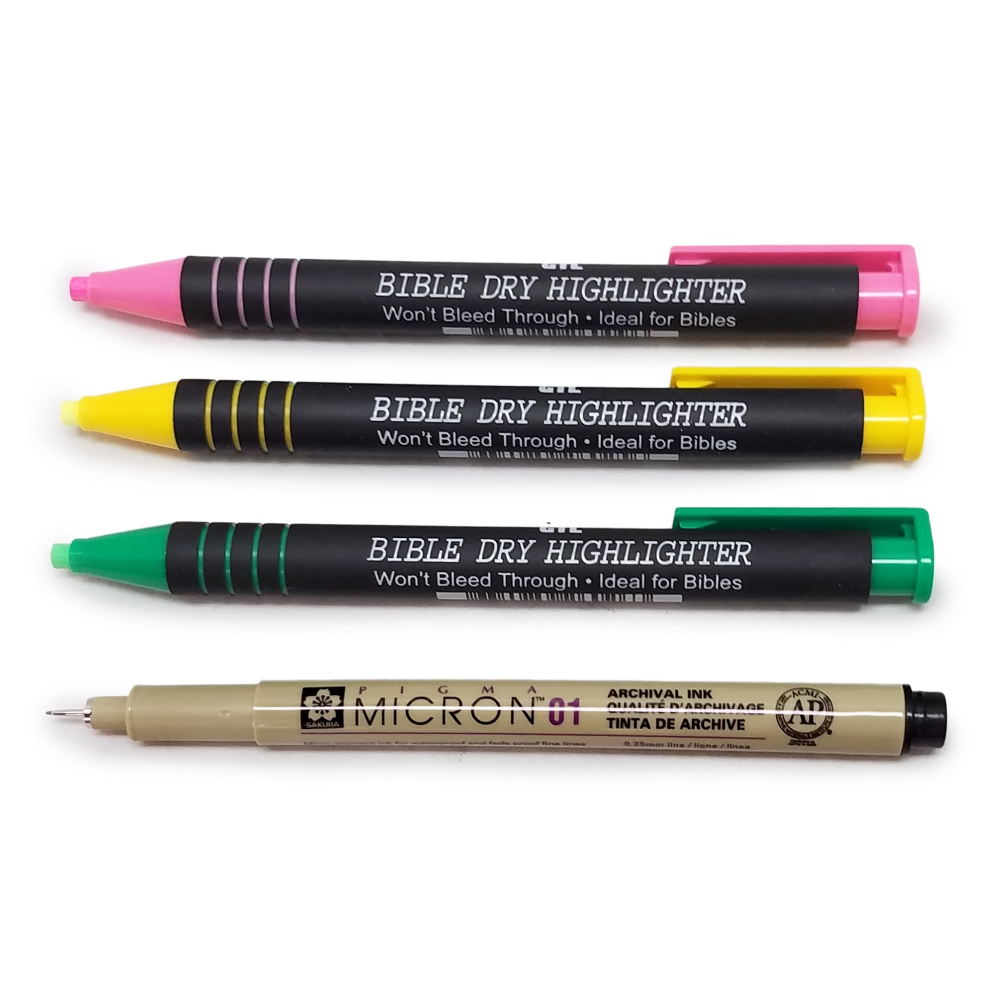 G.T. Luscombe Company, Inc. Bible Dry-Liner Study Kit | Bible Safe No Bleed Pigmented Ink | No Smearing or Fading | 01 Black Pigma Micron, Refillable Highlighters Yellow, Green, Pink (Set of 4)