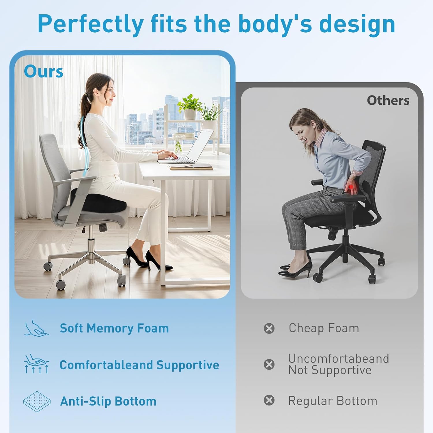 BlissTrends Seat Cushion,Thick Memory Foam Cushions for Office Chair, Car Seat, Airplane, Relieving Pressure Tailbone Sciatica Back Pain for Long Sitting Office Workers, Car Drivers 4.7in Thick Black - Image 7