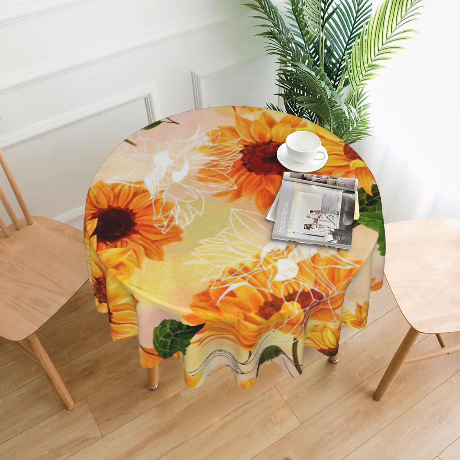 VCzsdff Beautiful sunflower Print Stain Resistant Round Tablecloth 60in Family Friendly Polyester Cloth for Kids Meals