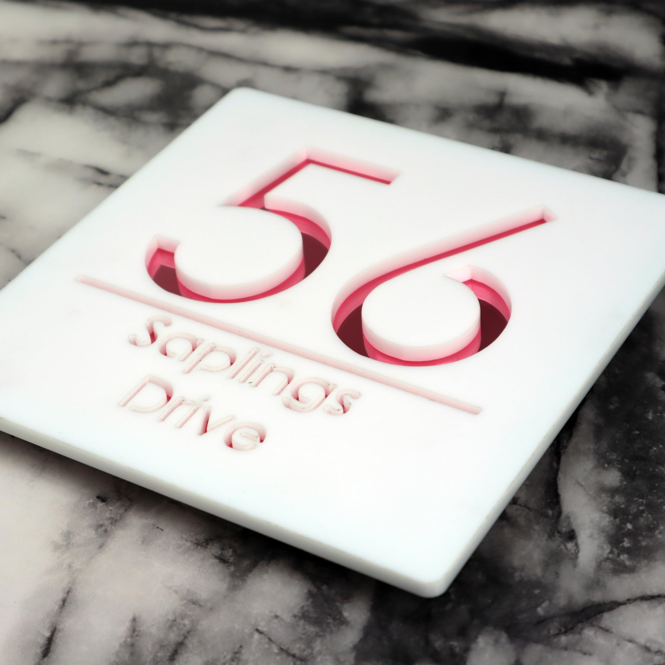 K Smart Sign | Bellissima S1 F31 | 180mm x 180mm | Acrylic 3d Laser Cut Contemporary house sign door number plaque address signs with Mirror and Marble Numbers (Matt White & Rose Gold Mirror)