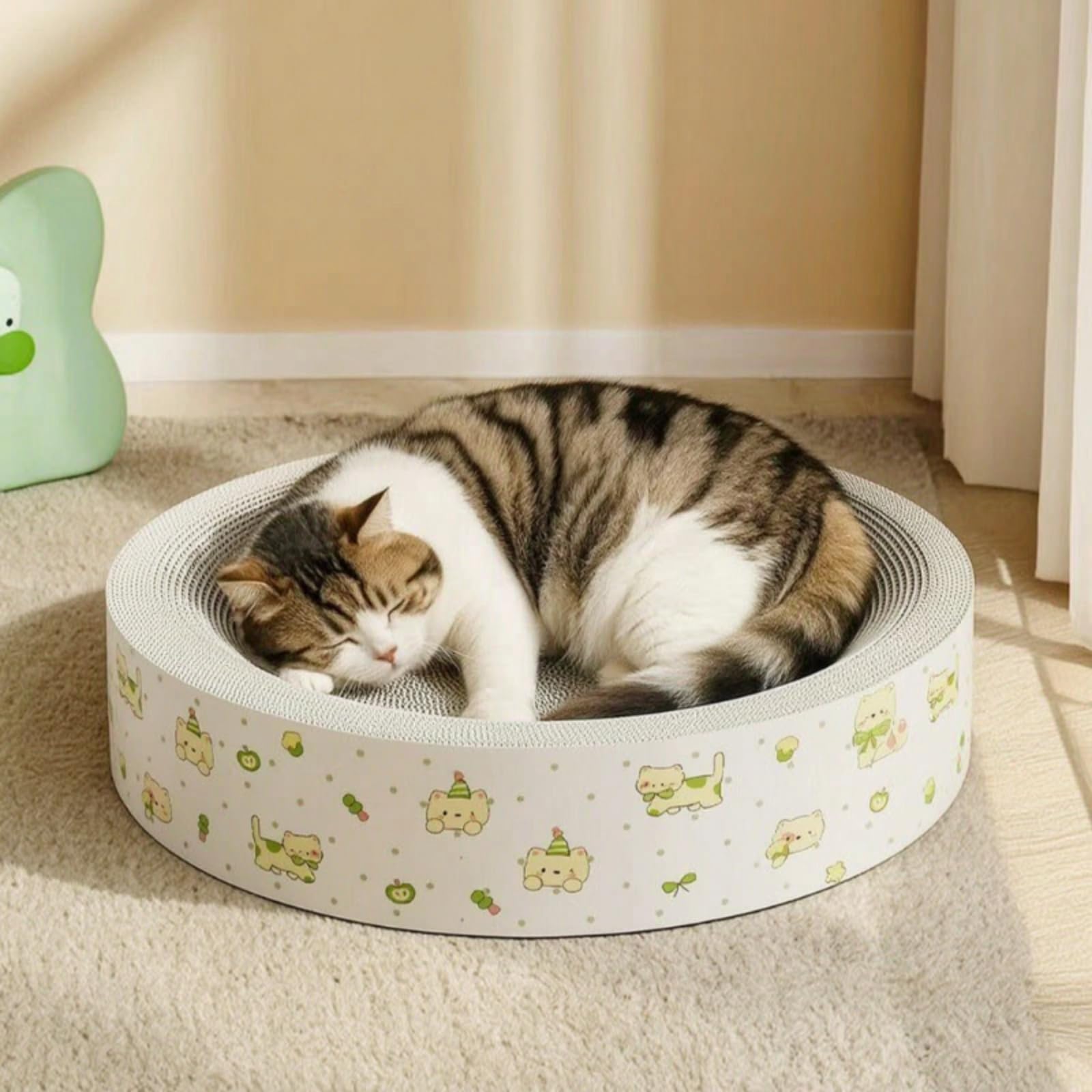 Kratzbett Katze Kratzschale Katzenbett Kratzbrett Liegenest aus Wellpappe mit Strukturierter Innenfläche Und Sauberem Look für Kratztraining Und Ruhe, Oval 55 cm, Cartoon