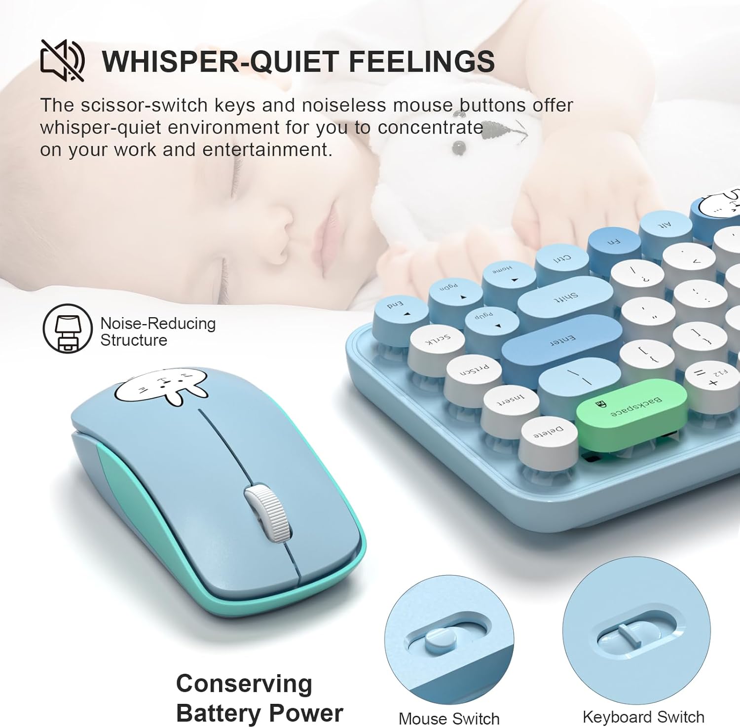 FOPETT Wireless Keyboard and Mouse Cute Mouse and Keyboard 2.4G Wireless Keyboards with Colorful 68 Keys Typewriter Retro Round Keycap for PC, Laptop,Tablet,Computer Windows - Blue Colorful