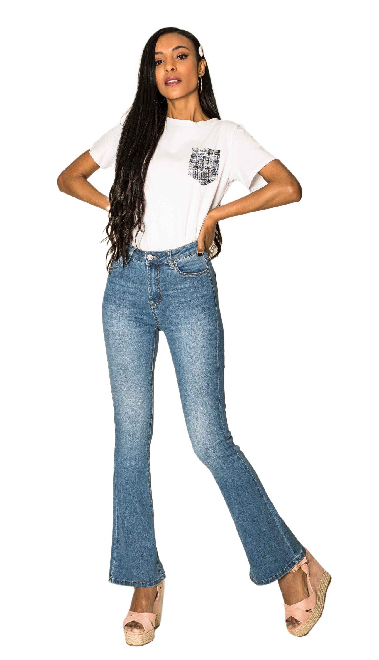 Nina Carter P079 - Pantalones vaqueros para mujer, corte acampanado, con cremallera, aspecto desgastado