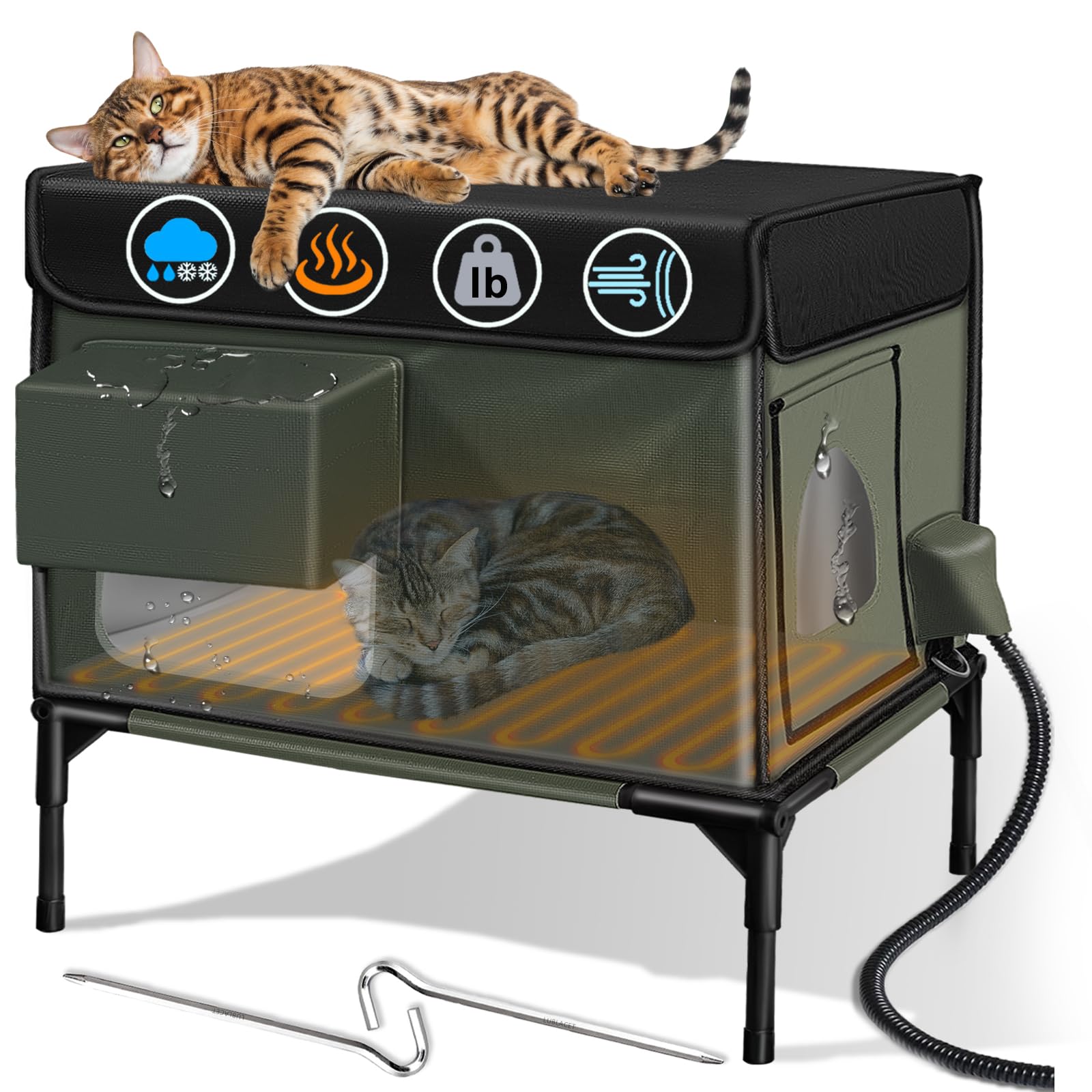 Heated Cat House for Outside Cat Insulated in Winter,Fully Waterproof,with Adjustable Awning,Escape Door,Indoor Outdoor Cat Shelter for Feral Stray Barn Cat to Stay Warm & Dry,Olive/Black,M-13x21x20in