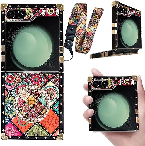 B-wishy Funda de TPU para Samsung Galaxy Z Flip 5 con soporte de anillo, remache cuadrado para niñas y mujeres, cristal antigolpes, delgada, a
