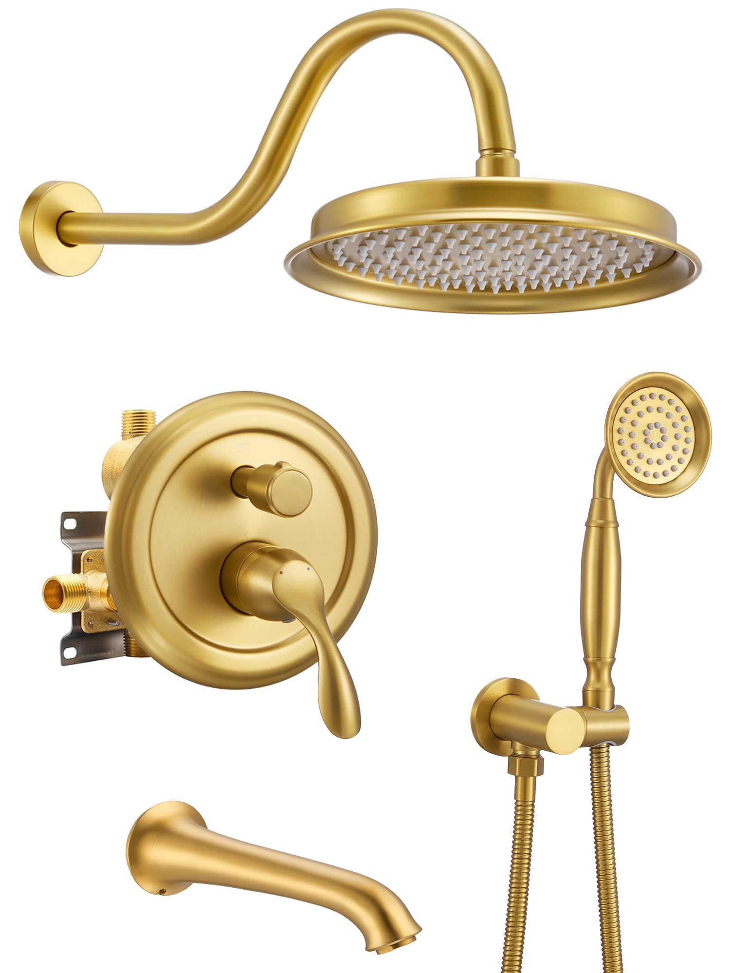 DASAN Brushed Gold Shower System with Tub Spout, Tub and Shower Faucet Combo Set with Valve & Trim Kit Bathtub Shower Faucet Set Bathtub Shower System with Rainfall Shower Head & Handheld, AT309W-BTG
