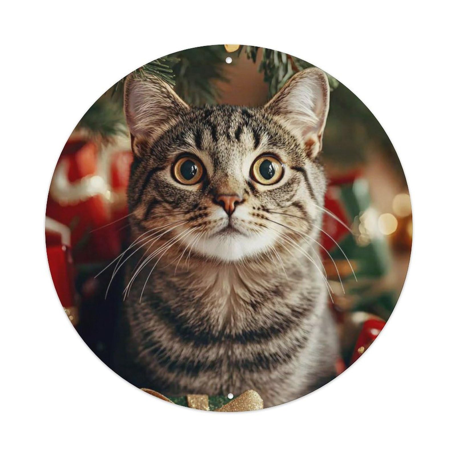 Animal Tabby Cat Christmas Holiday Gift Cozy Festive Scene Vintage Metal Tin Sign Plaque Wall Decor for Cafe, Club Bar, Office, Garden Metal Poster 8x8Inch
