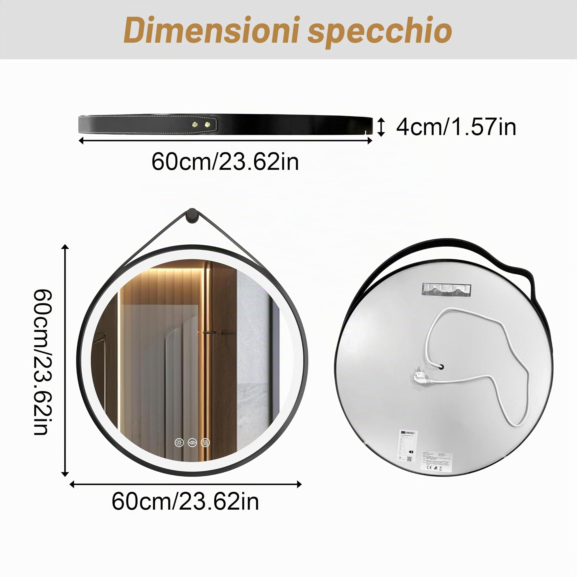 LUVODI Specchio Bagno con Led Luce Rotondo 60 cm: Specchio Smart Tondo Bagno Cornice in Alluminio Nero Cinghia Regolabile in Pelle, Illuminato Frontale, Antiappanamento, Dimmerabile, Funzione Memoria