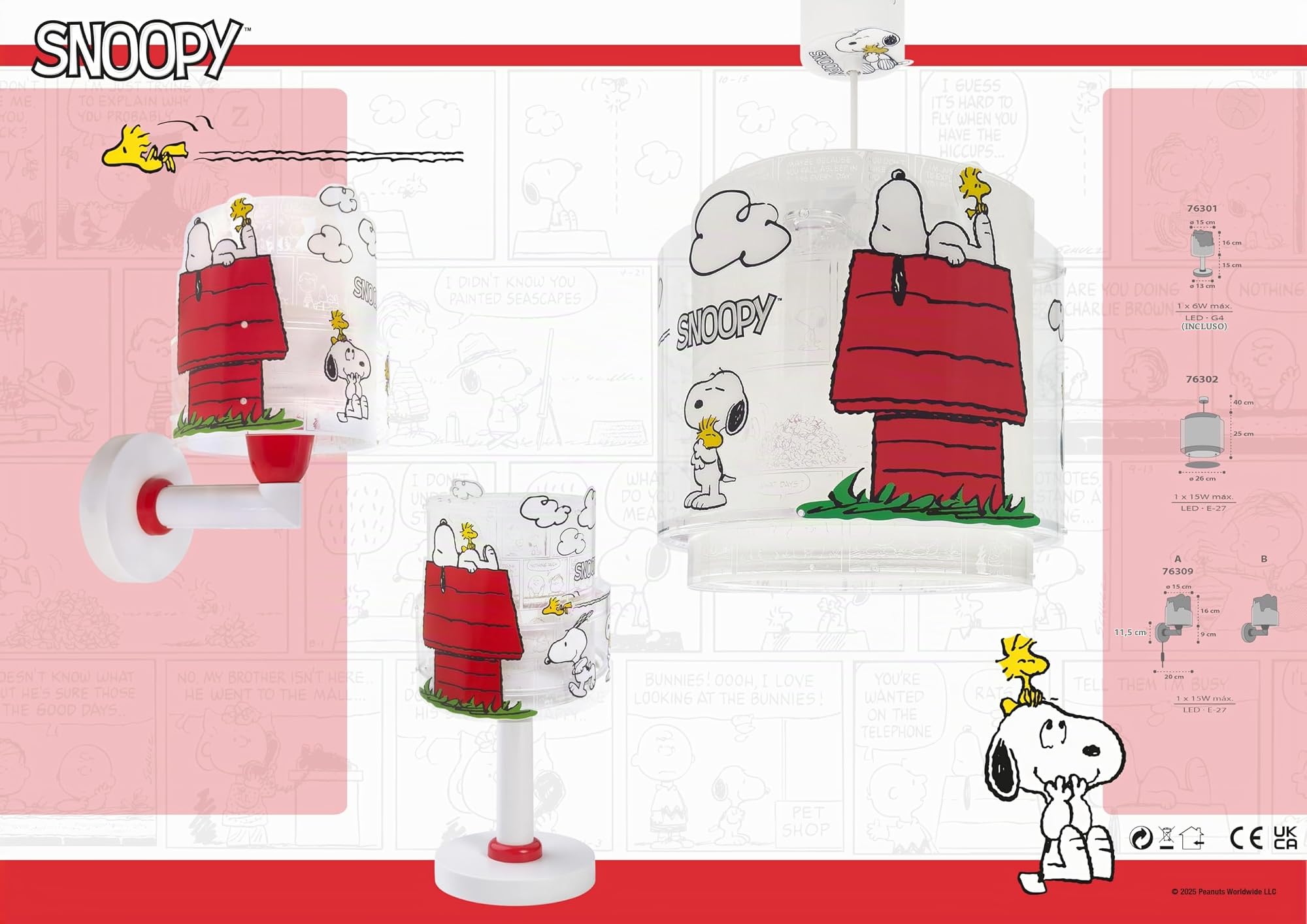 Dalber Lampada da tavolo o comodino per bambini Snoopy, 76301, G4-4W LED - Lampadina inclusa