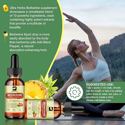 Miniatura 10 de Suplemento de berberina prémium  Gotas líquidas de berberina con cúrcuma, melón amargo, cardo mariano, canela de Ceilán, suplemento vegetal de