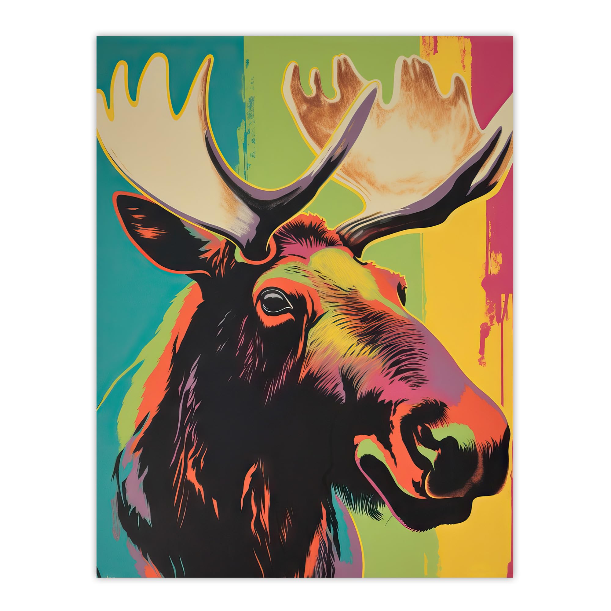Artery8 Canadian Moose Psychedelic Animal Portrait Screenprint Artwork Vibrant Bold Bright Colourful Painting Large Wall Art Poster Print Thick Paper 18X24 Inch