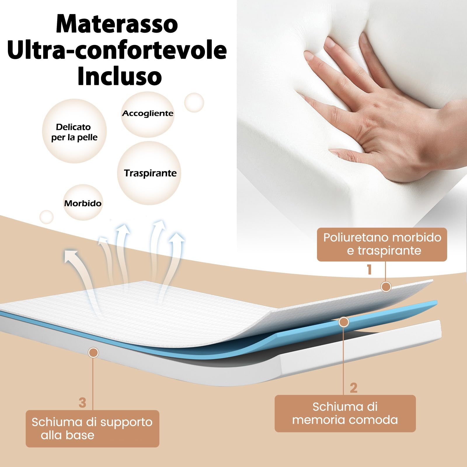 GYMAX Brandina Pieghevole con Materasso, Carico 180 kg, 191 x 96 x 38 cm, Materasso Memory, a Rete di Acciaio