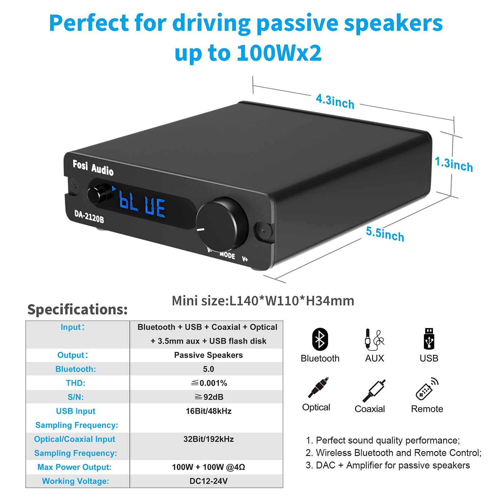 Bluetooth 5.0 Stereo Audio 2.0 Channel Receiver Amplifier Mini HiFi