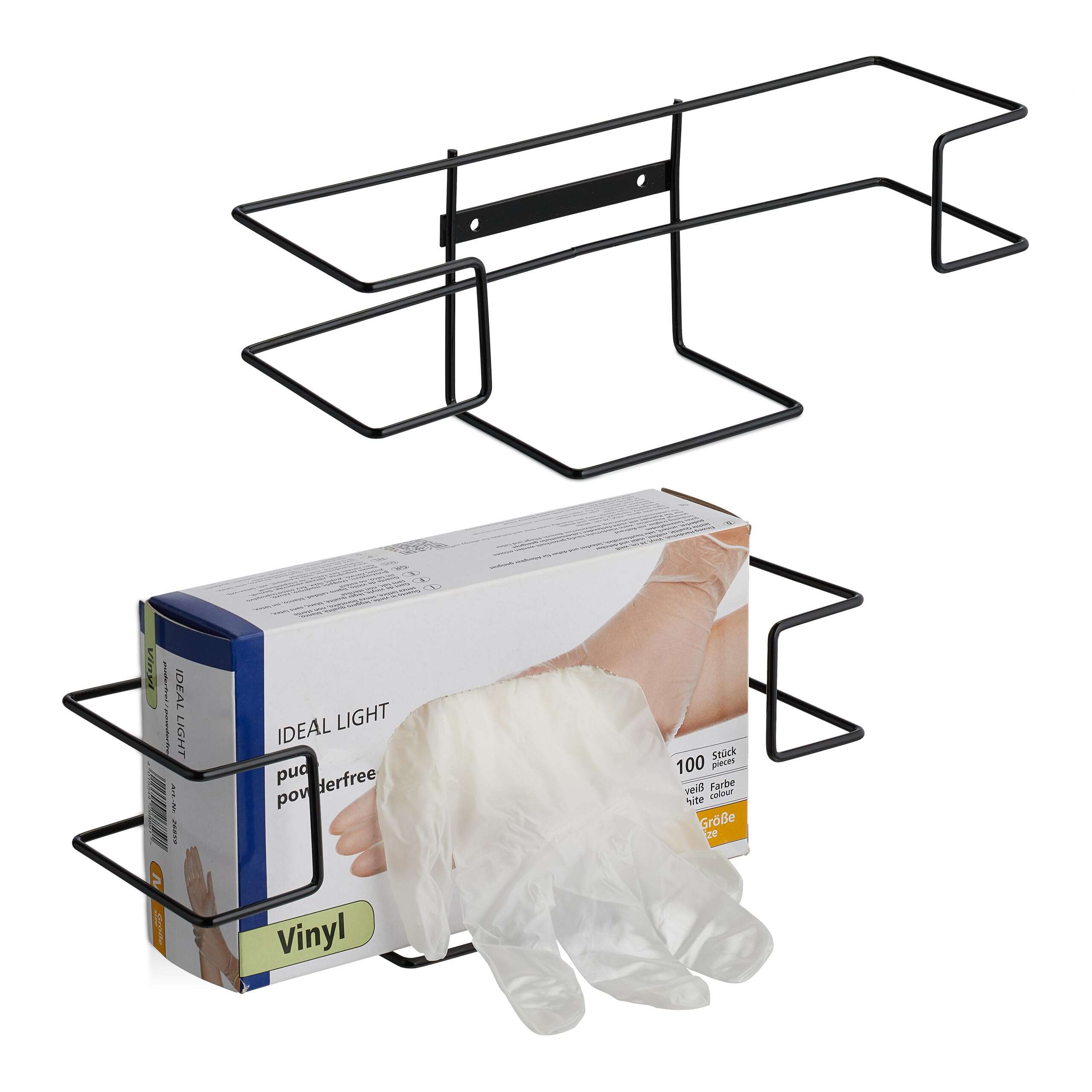 Relaxdays Set 2 Porta Guanti Monouso da Muro, Supporto Scatole Portaguanti in Lattice, HLP: 9,5x28x9,5 cm, Ferro, Nero