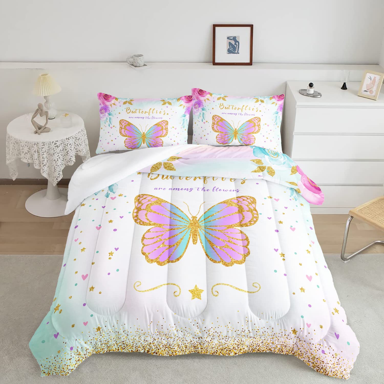 CVHOUSE Butterfly Bedding Set,Butterfly Comforter Twin,Butterfly Comforter Set for Girls Kids Teens,Butterflies Quilt Set with 1 Comforter and 2 Pillow Cases- 3 Piece