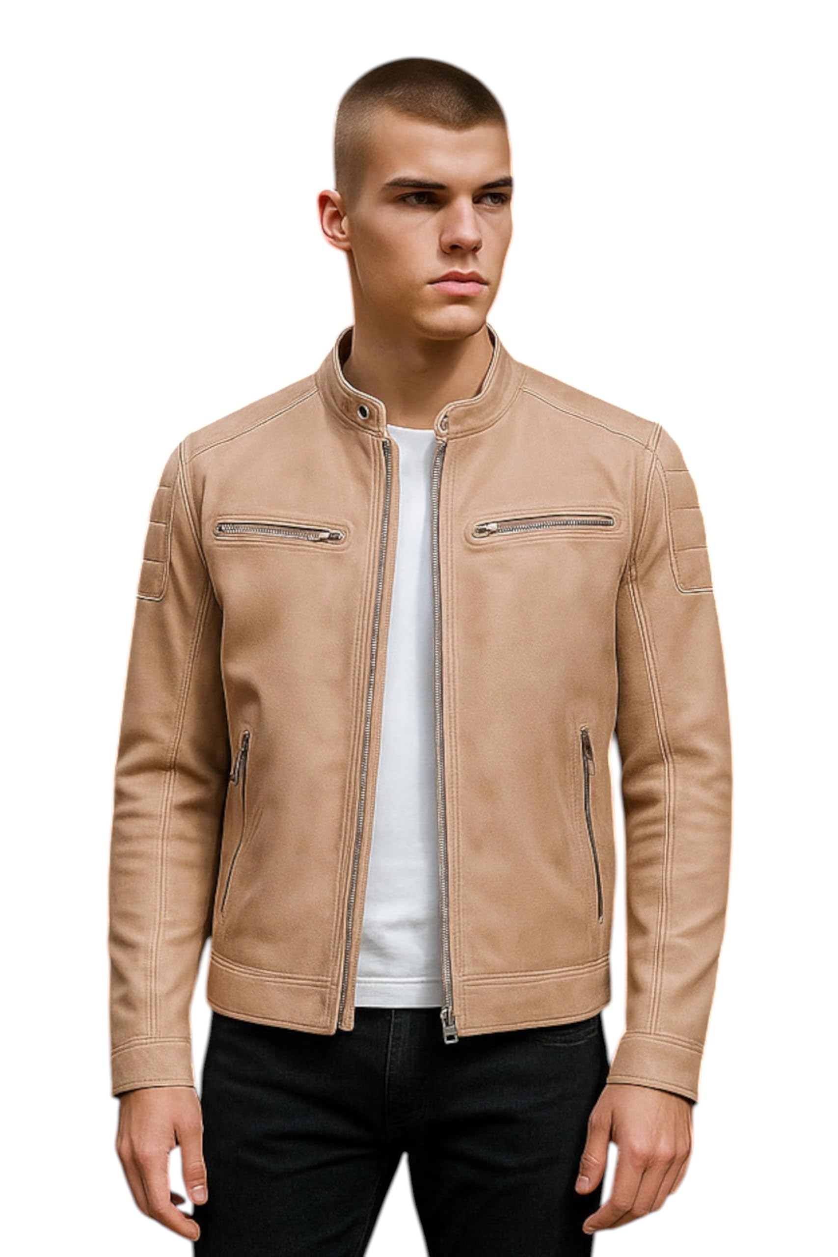 Men's Beige Classic Café Racer Leather Quilted Racing Biker Casual Vintage Jacket