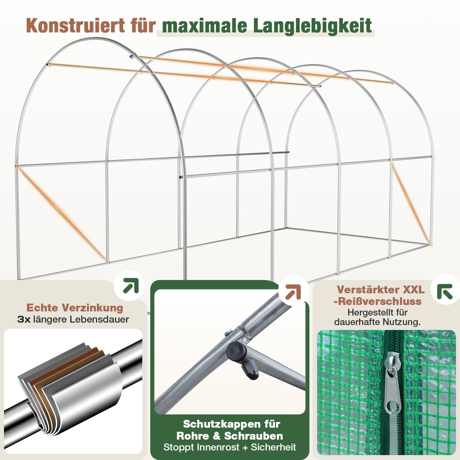 Sekey Gewächshaus Winterfest Foliengewächshaus verzinkt 4x2x2m - 8m² Folientunnel Stabil mit 2m Stehhöhe, Treibhaus, Tomatenhaus inkl. 2 Türen & 8 Fenster & Profi-Fixierungs-Set, 140g/m² PE-Folie