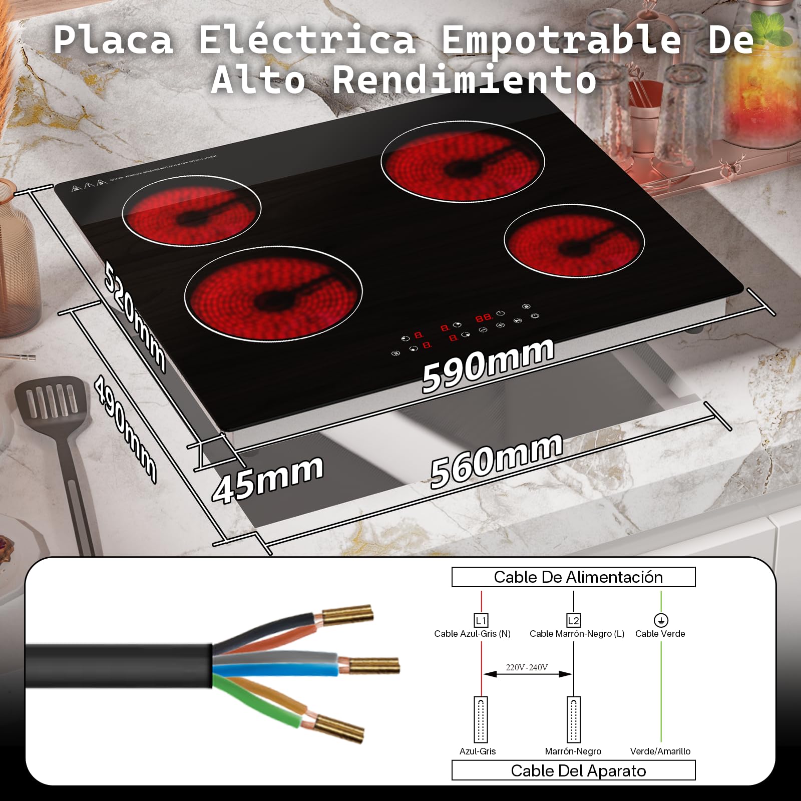 Placa Vitrocerámica Empotrable 60cm 4 Fuegos 6000W Táctil