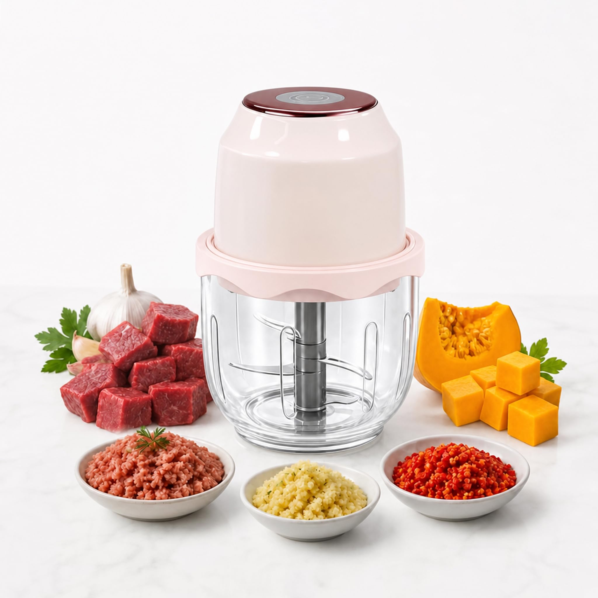 Hachoir à viande électrique 350 ml, sans fil, rechargeable par USB, hachoir à 6 lames haute vitesse, mini mélangeur de cuisine pratique pour ail et viande (rose)