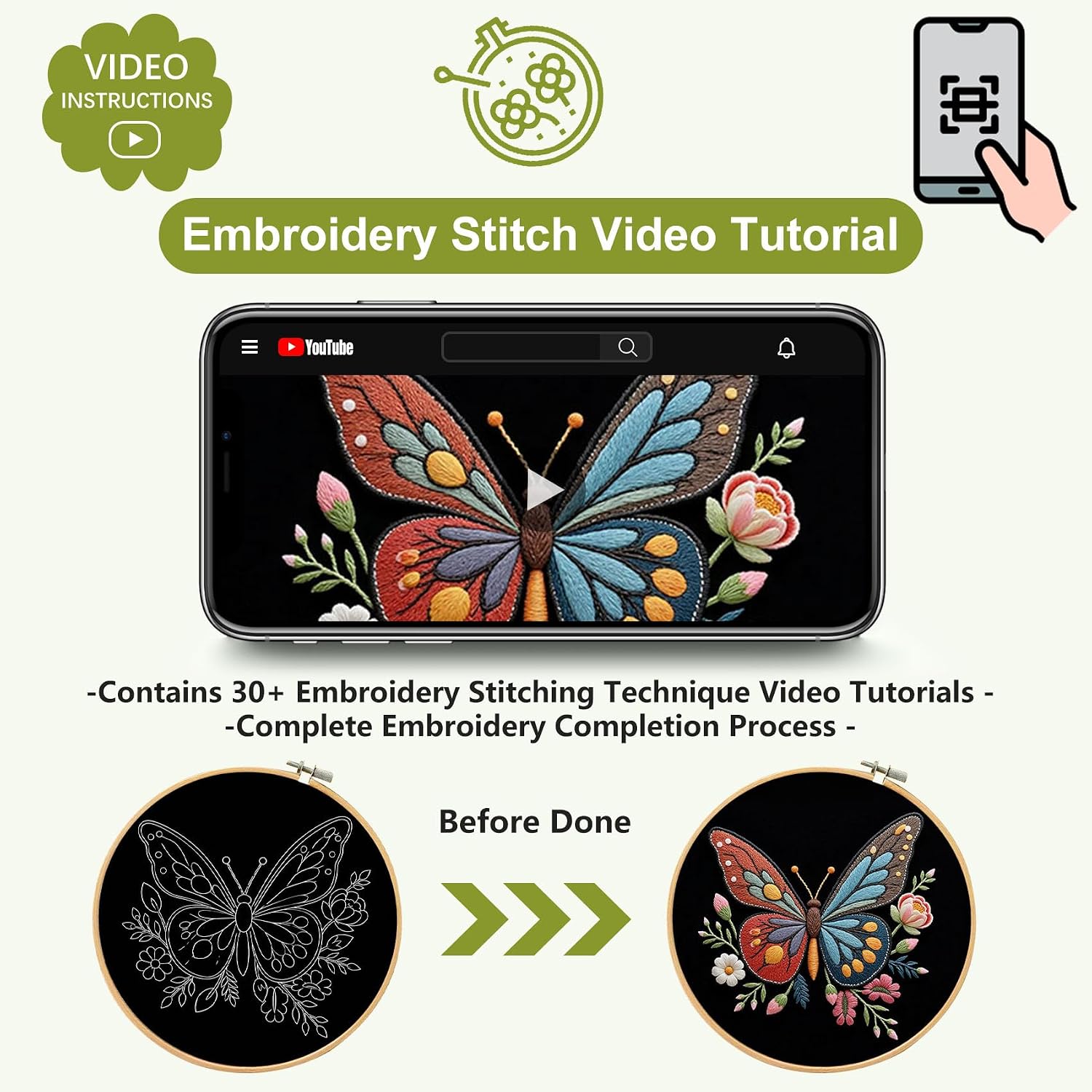 Santune Embroidery Kit Needlepoint Cross Stitch Kits for Beginners Adult Needle Point Sets with Butterfly Embroidery Patterns, Includes Step-By-Step Instructions and Accessories